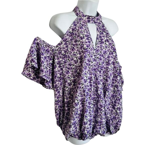 Bloomchic Floral Cold Shoulder Flutter Sleeve Blouse Purple White sz 10 NEW Tags - Picture 2 of 13